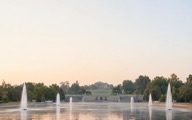 A park fountain at dawn.