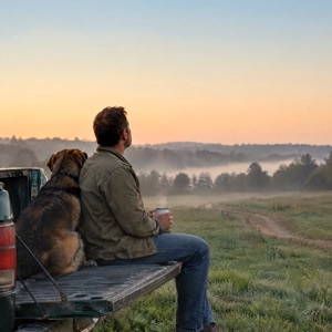 A man and his dog sitting on a truck tailgate at dawn.