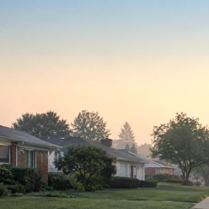 A quiet street of houses at dawn.