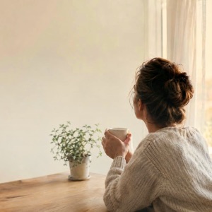 A woman at a kitchen table by a window, holding a cup.